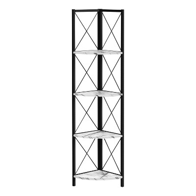 Monarch Specialties Bookshelf Bookcase Etagere Corner 4 Tier 60InchH Office Bedroom Metal Laminate White Marble Look Black Contemporary Modern