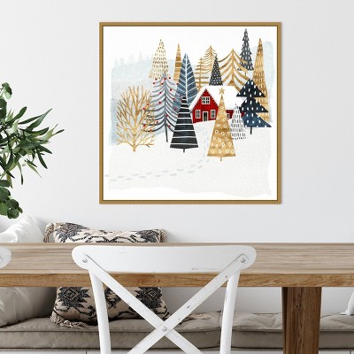 22" x 22" Gold Framed Christmas Chalet Canvas Wall Art