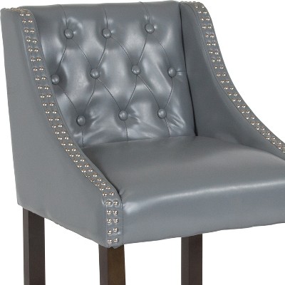Gray Leather Tufted Walnut Counter Height Stool