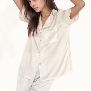 Anna-Kaci Lounge Women's Satin Pajama Set with Lace Trim Short Sleeve Button Top and Elastic Waist Shorts - 1 of 4
