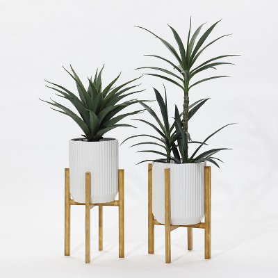 Set of 2 White Textured Metal Planters with Gold Stands