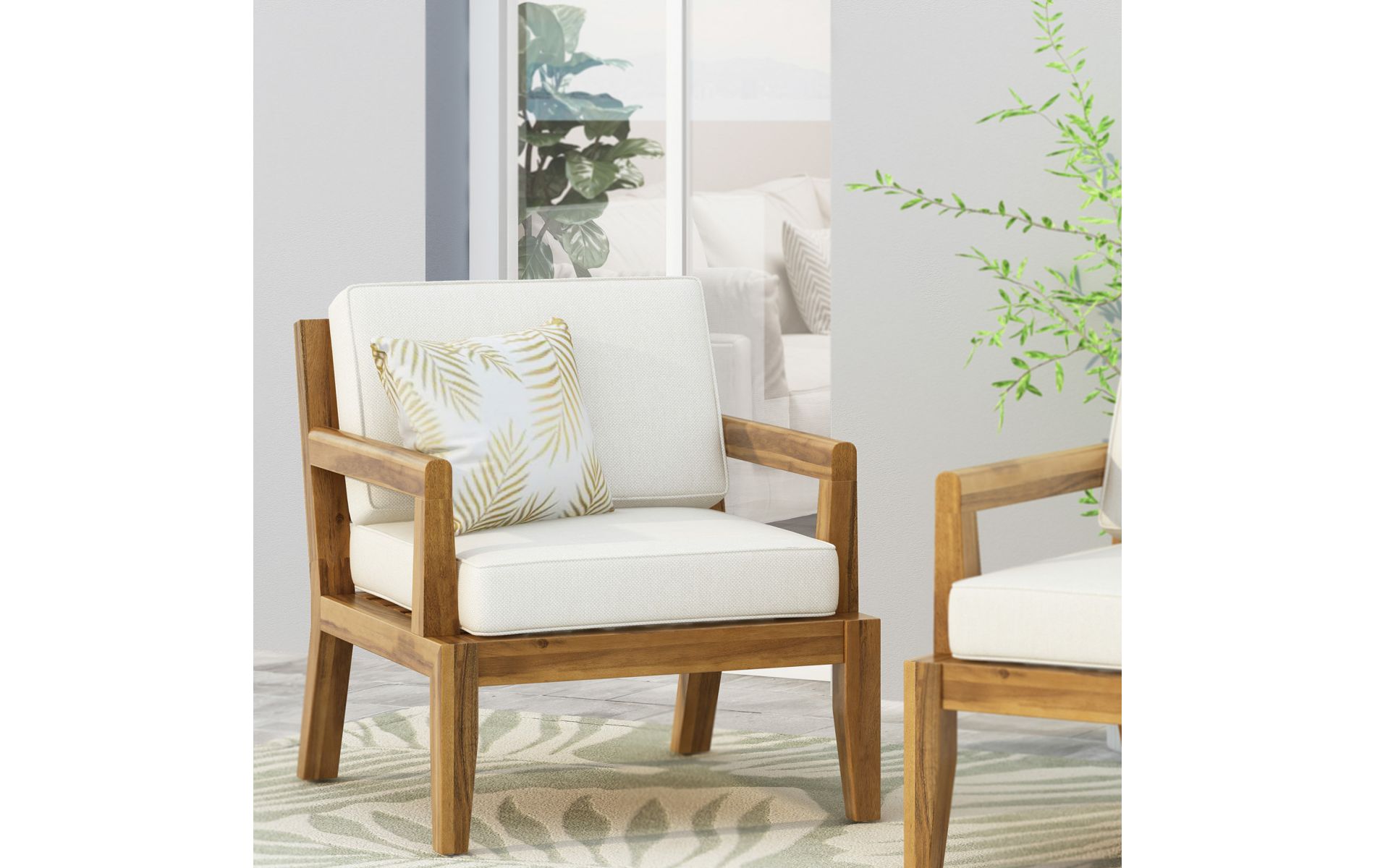 Acacia Wood Outdoor Club Chair with Slatted Back and Beige Water-Resistant Cushion for Patio or Garden-Baofuwish