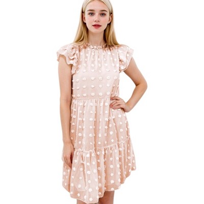Anna-Kaci Women's Summer Casual Swiss Dot High Neck Short Sleeve Ruffle Loose Dress