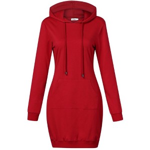 Women Long Sleeve Pocket Solid Color Pullover Hooded Tunic Dress - 1 of 4