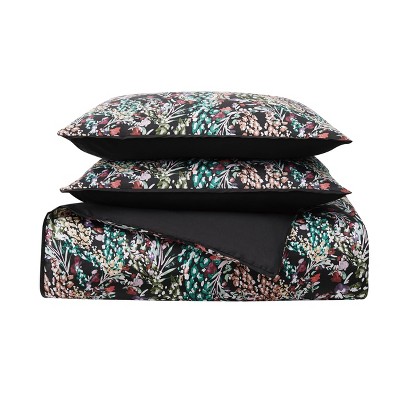 Full Black Cotton Sateen Duvet Cover Set with Floral Design
