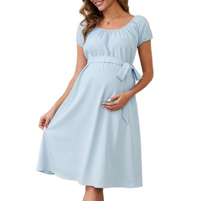 INSPIRE CHIC Women's Maternity Dress Boho Pleated Midi Tie Waist Belted Baby Shower Short Sleeve Babydoll Pregnancy Photoshoot