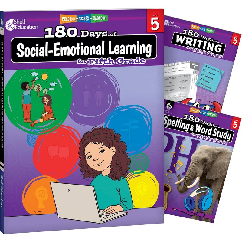 Shell Education 180 Days Social-Emotional Learning, Writing, & Spelling Grade 5: 3-Book Set, 1 of 3