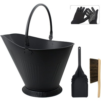 attop 3.2 Gallon Metal Fireplace Ash Bucket for Wood Stove, Includes Shovel, Broom and Gloves Indoor & Outdoor