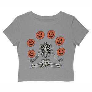 Rerun Island Women Yoga Skeleton Pumpkins Short Sleeve Graphic Cotton Baby Tee - 1 of 4