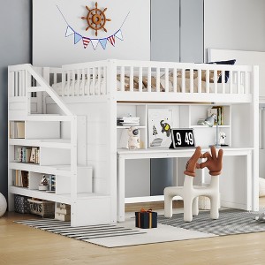 TIRAMISUBEST Twin/Full Size Loft Bed with Movable Desk & Shelf, Kids Bed Frame with Guardrail and Storage Stairs - 1 of 4