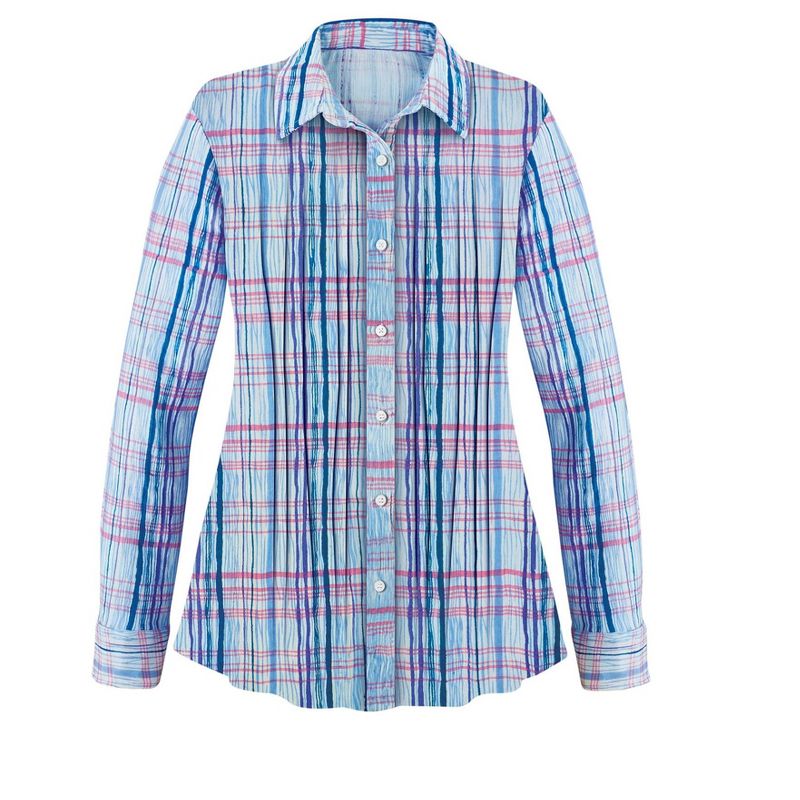 Collections Etc Plaid Pintuck Button-Front Cotton Shirt with Roll Tab Sleeves, 4 of 6