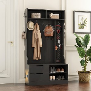 Retro Hall Tree, Coat Rack with Shoe Rack Bench and Coat Hooks for Hanging Storage - 1 of 4