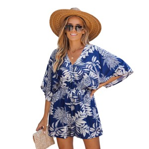 Women's Tropical Floral Print Batwing Sleeve Rompers - Cupshe - 1 of 4