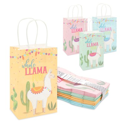 Llama Party Favor Paper Gift Bags with Handles (4 Designs, 8.6 x 5.3 x 3.15 in, 24 Pack)
