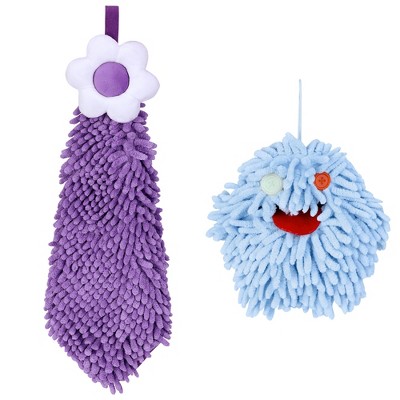REGALWOVEN 2 Packs Soft Absorbent Flower Pattern Chenille Hand Towel with Loop 6" x 15"/7" x 7"