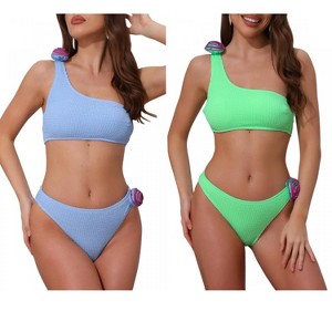 INSPIRE CHIC Women's 3D Rose Floral One Shoulder Ribbed Triangle Bottoms Swimwear Bathing Bikini Suits 2 Sets - 1 of 4