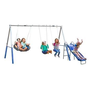 XDP Recreation Aqua Play Outdoor Park with Super Disc Swing, Water Wave Slide, Adjustable Non-Slip Swing Seat, and Padded Frame Legs, Silver/Blue