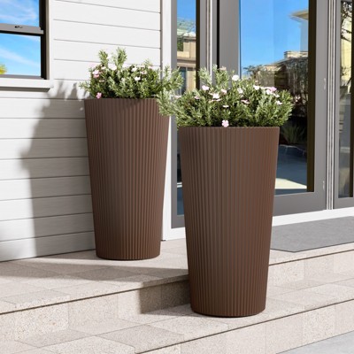 Maggift Outdoor Cone Planter, 2PCS Tall Flower Pot, Conical Striped Plastic Flower Pot with Drainage, Brown, 13"*13"*23.6"