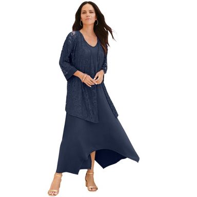 knee length dresses for ladies Dark Navy Scoop Neck Short Lace Embroidered Mother Of The Bride Dress with  Jacket main image 1
