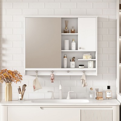 NicBex 36x28" Wall Mounted Medicine Cabinet,Bathroom Storage Cabinet with Mirror,Adjustable Shelves,1 Door&Towel Hooks,Bathroom Organizer