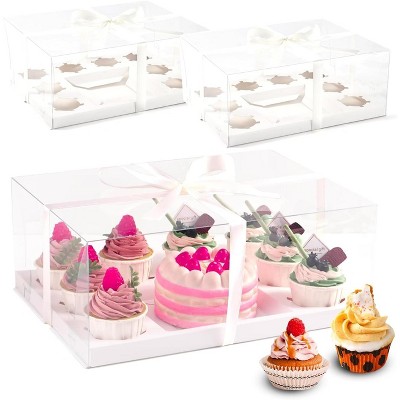 3 Pcs Bento Clear Boxes for 1 Mini Cake and 8 Cupcakes, Rectangle Cupcake Holder for Treats Dessert