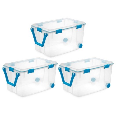Sterilite 120 Quart Multipurpose Clear Plastic Storage Container Box with Tight Fitting Latching Lids and 2 Rear Wheels, 3 Pack