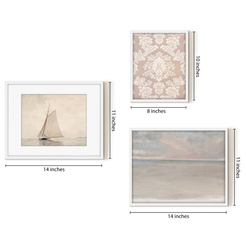 Americanflat 3 Piece Vintage Gallery Wall Art Set - Serene Seascape, Sailboat, Pink Silk Textile by Maple + Oak, 4 of 6