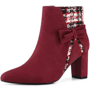 Allegra K Women's Plaid Pointed Toe Block Heels Ankle Boots