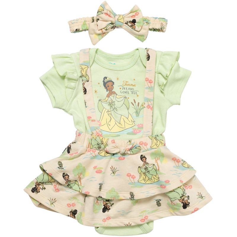 Disney Princess Belle Ariel Tiana Baby Girls Bodysuit French Terry Jumper and Headband 3 Piece Outfit Set Newborn to Infant, 3 of 9