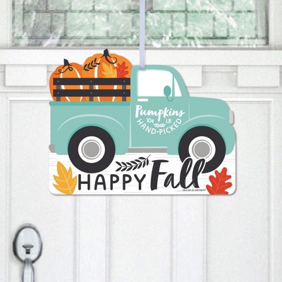 Big Dot of Happiness Happy Fall Truck - Hanging Porch Harvest Pumpkin Party Outdoor Decorations - Front Door Decor - 1 Piece Sign