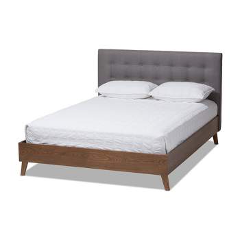 King Alinia Mid Century Retro Modern Fabric Upholstered Walnut Wood Platform Bed - Baxton Studio