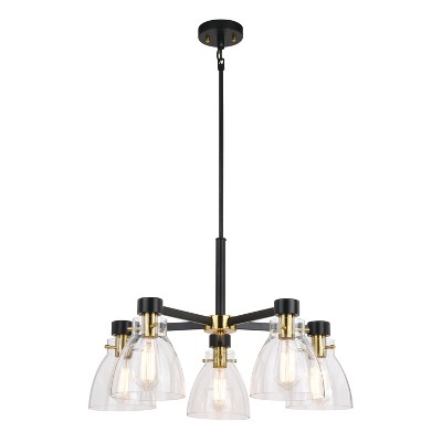 VAXCEL Elgin 5 Light Black and Gold Contemporary Chandelier Clear Glass