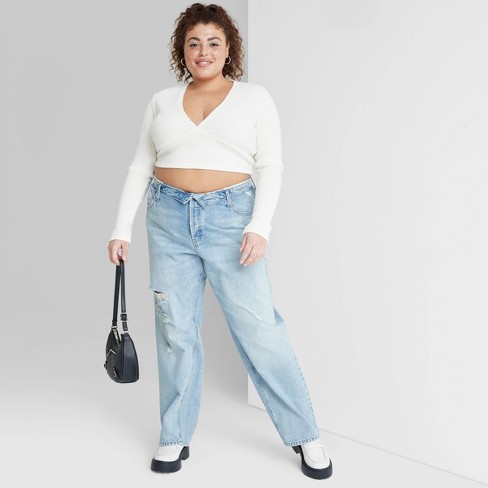 Light Blue Wash Foldover Waistband Wide Leg Jeans