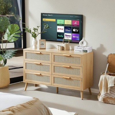 Lovmor Bedroom dresser, 8 Double Dresser with rattan drawers, wood chest of drawers for kids room, living room, entry and hallway, Natural