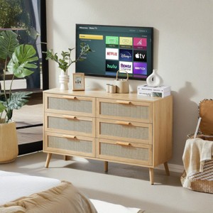 Lovmor Bedroom dresser, 8 Double Dresser with rattan drawers, wood chest of drawers for kids room, living room, entry and hallway, Natural - 1 of 4