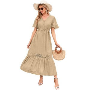 WhizMax Women's Lace Short Sleeve Maxi Dress V Neck High Elastic Waist Casual Flowy Beach Dress - 1 of 4