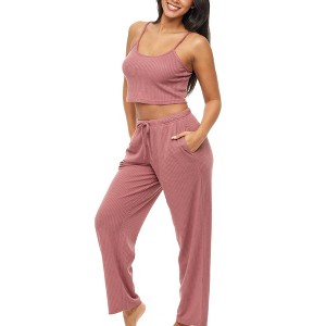 ADR Women's Pajamas Set, Soft Ribbed Knit Waffle Pajamas Lounge Set, Spaghetti Strap Cami Crop Top, Pajama Pants with Pockets - 1 of 4