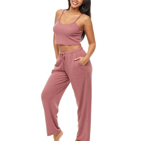 ADR Women's Ribbed Knit Pajamas Set Set with Pockets, Cami Top and Pajama  Thermal Underwear Pants Rose Taupe Large