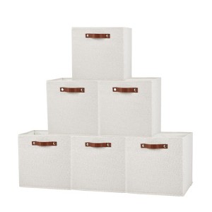 Snap-on STACKING CUBE BOX （Brown White） 6pcs Linen Storage Bins,Foldable Cube Baskets with Leather Handles