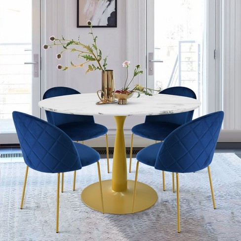 Extra Large Round Dining Table and Brass Chairs with Blue Velvet Seats -  Transitional - Dining Room