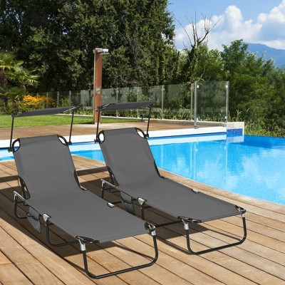 Gray Metal Outdoor Folding Chaise Lounge Set with Sunshade