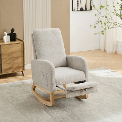 25.4'' Boucle Rocking Chair with Retractable Footrest and Side Pocket, High Back Glider Chair for Living Room, Bedroom