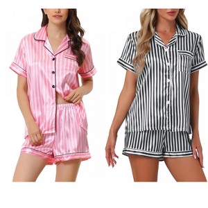 INSPIRE CHIC Women's 4 Pcs Striped Silky Satin Sleepwear Button-Up Shirt & Shorts 2025 Lounge Set - 1 of 4