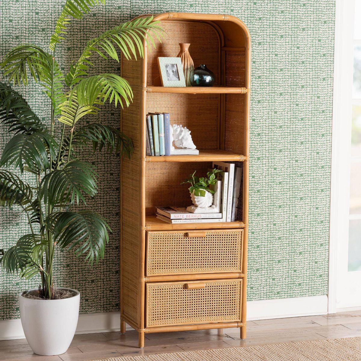bali & pari 67.7" Curacao Rattan 2 Drawer Bookcase Light honey: Plywood Frame, 3-Tier, No Assembly Required - thumbnail 2