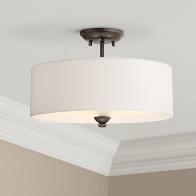 Lathan Bronze 16" Semi-Flush Drum Ceiling Light with White Linen Shade