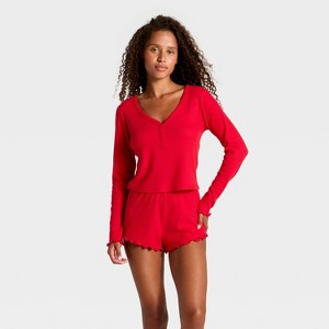 Women's Waffle Long Sleeve Top and Shorts Pajama Set - Wild Fable™ - 1 of 3