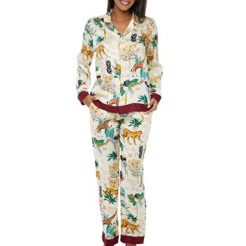 ADR Women's Pajamas Lounge Set, Long Sleeve Top and Pants with Pockets, Viscose Pjs Floral Flowers