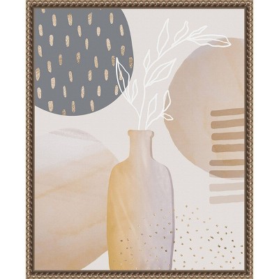 Mid-Century Floral II Beige and Gray Canvas Print with Bronze Frame