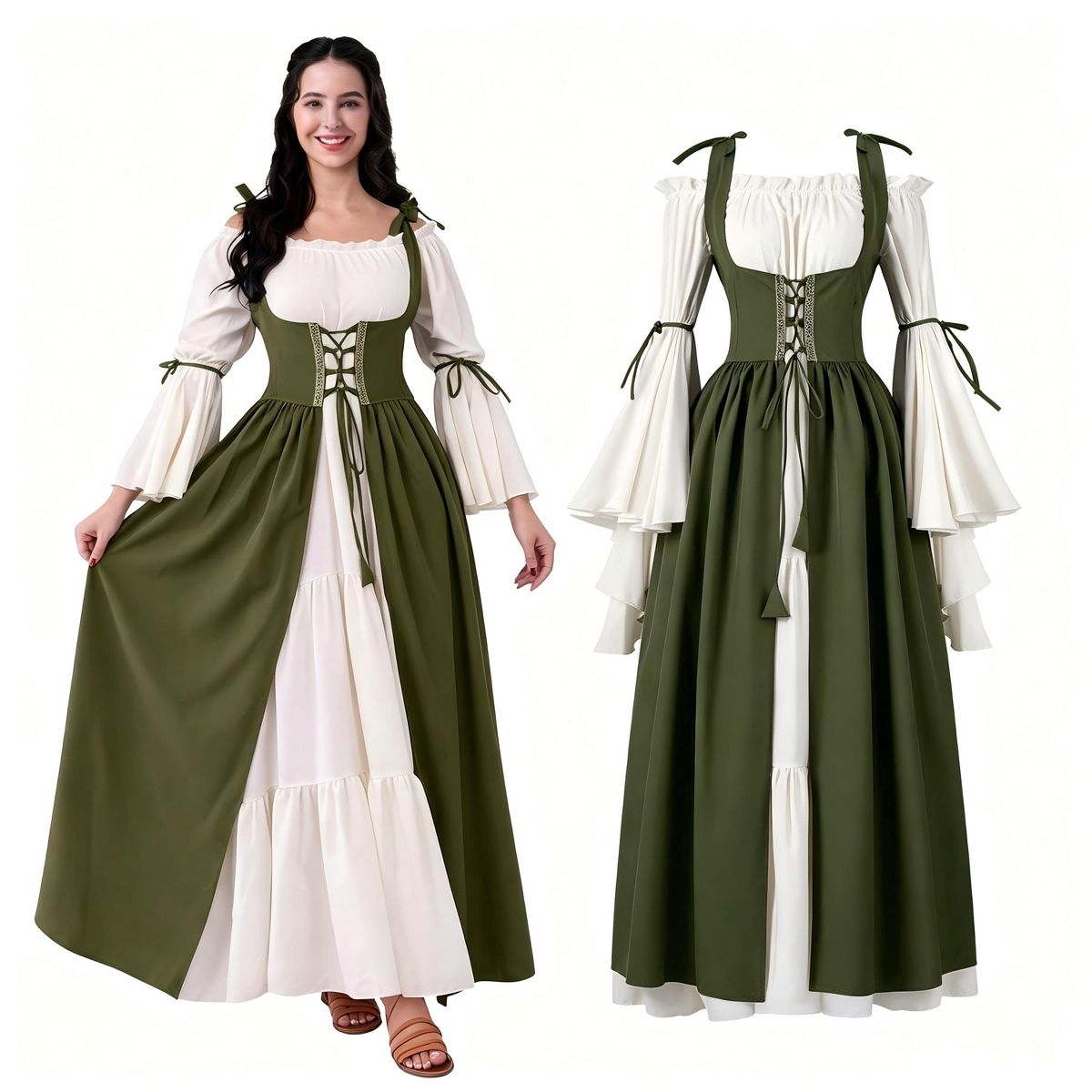 Joyfy Halloween Costume Renaissance Dress for Women, Adult Medieval Chemise Set with Corset-Victorian Cosplay for Halloween Dress Up Party