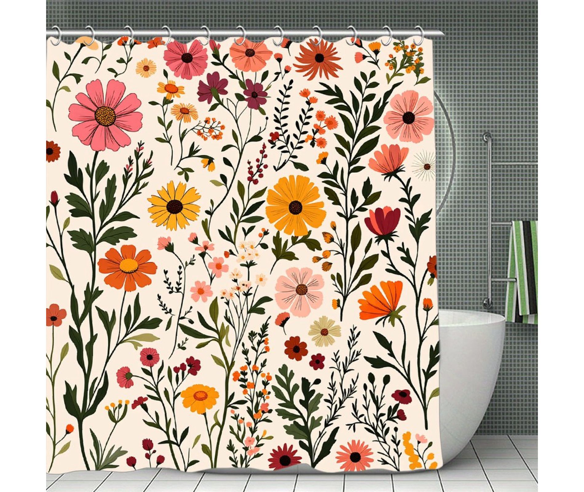 Boho Floral Shower Curtain with Tassels, Wildflower Beige Botanical Flower Tassel Shower Curtain for Bathroom Waterproof Fabric Set 70.8x70.8Inch